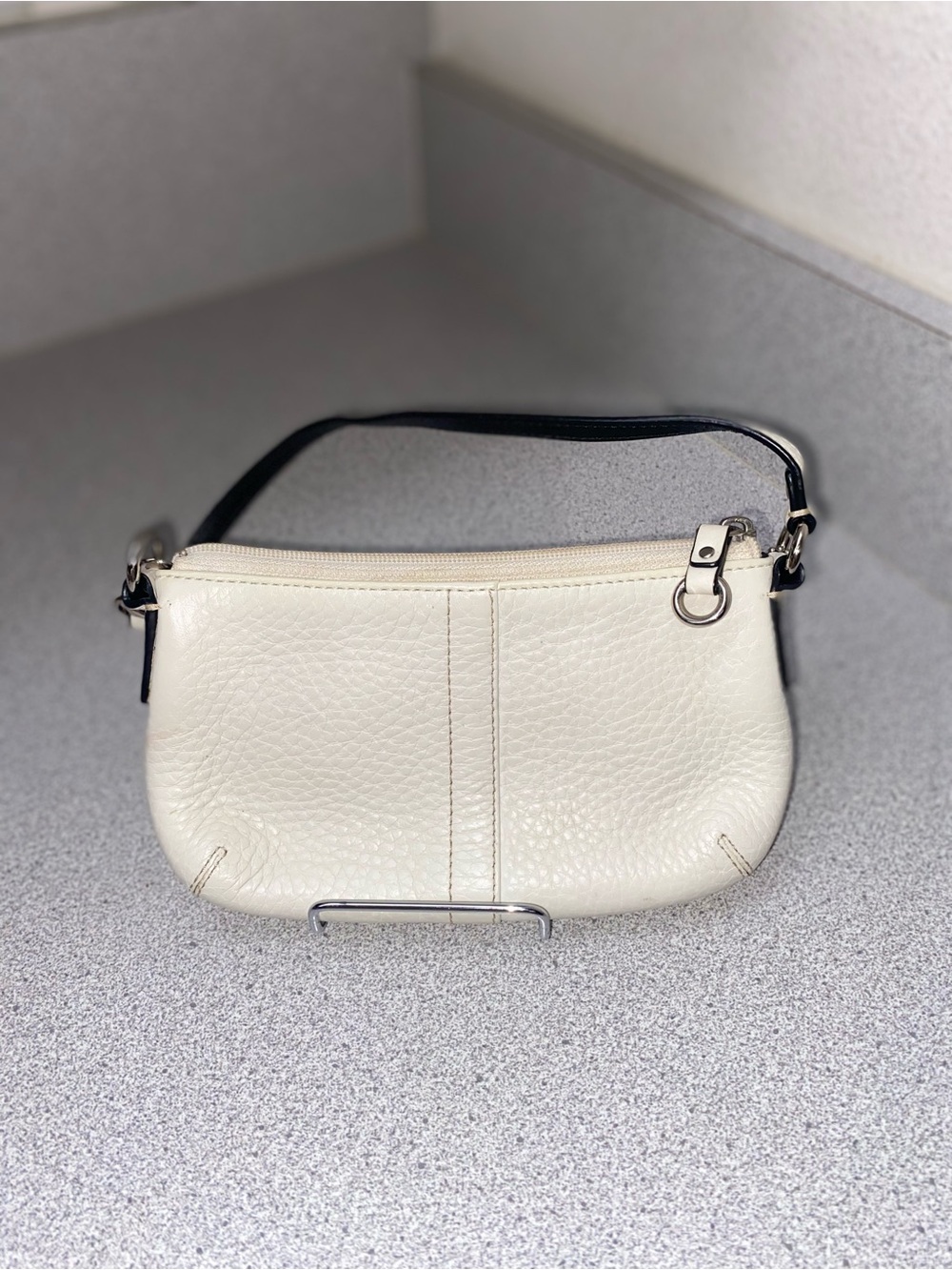 Coach White Ivory Pebbled Leather Wristlet Mini Bag Black Strap GUC